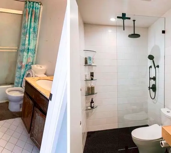 Antes y después de un baño con ducha y mueble flotante