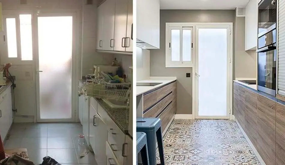 Antes y después de cocina y pasillo con piso nuevo