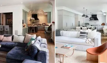 Antes y después de decoración de interiores en una sala