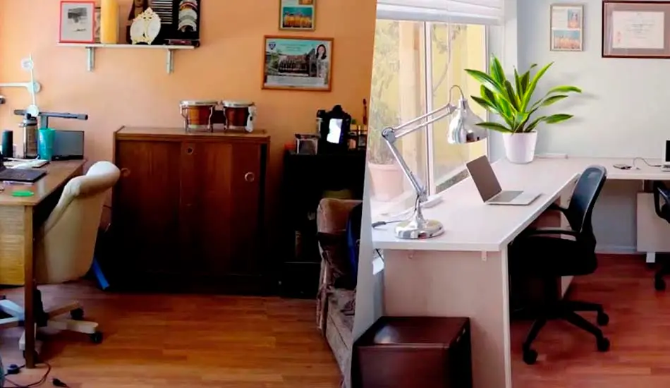 Antes y después de un estudio adaptado como oficina en casa