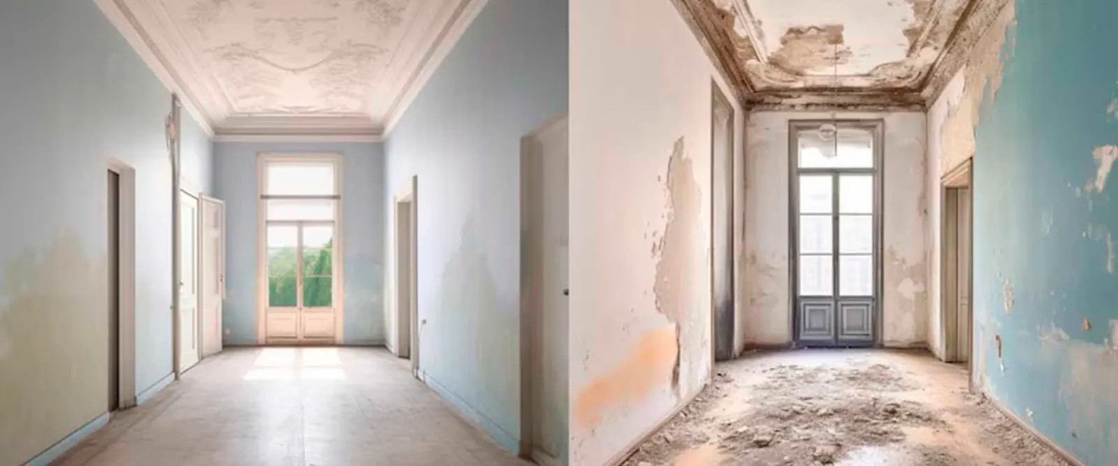 Antes y después de un pasillo remodelado con piso nuevo e iluminación