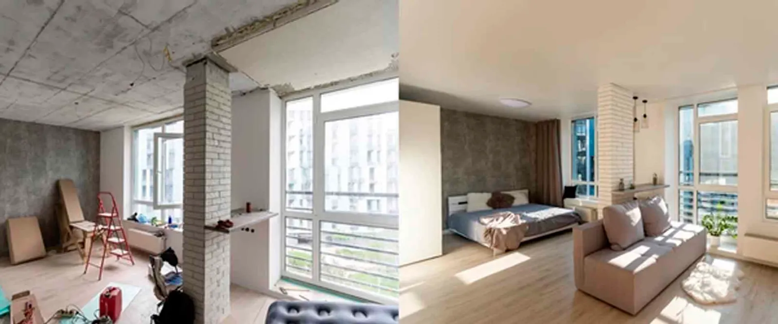 Antes y después de la sala de un apartamento remodelado en Bogotá